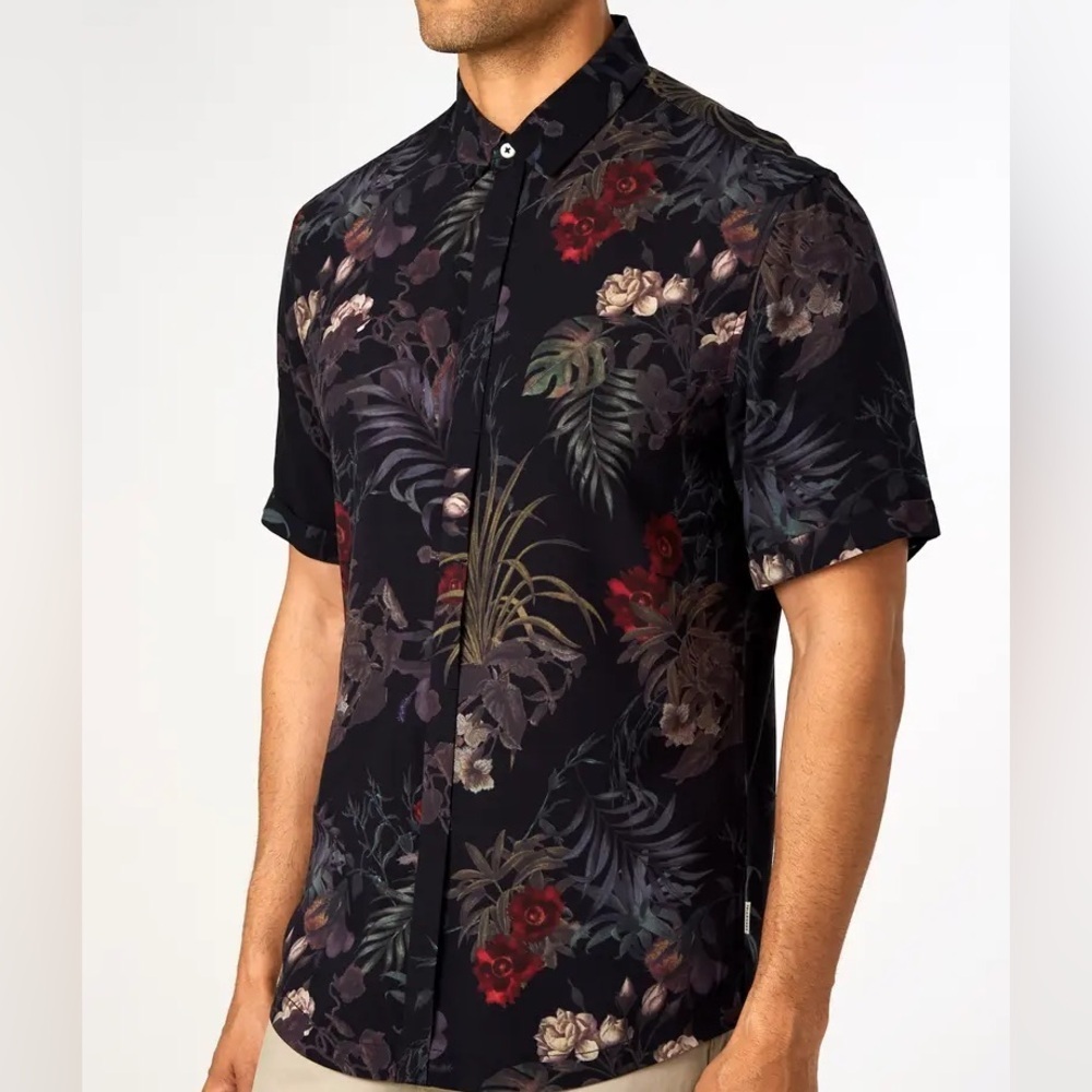 7 Diamonds Black Floral Men's Shirt Friction Trim Fit Sport Shirt size xl